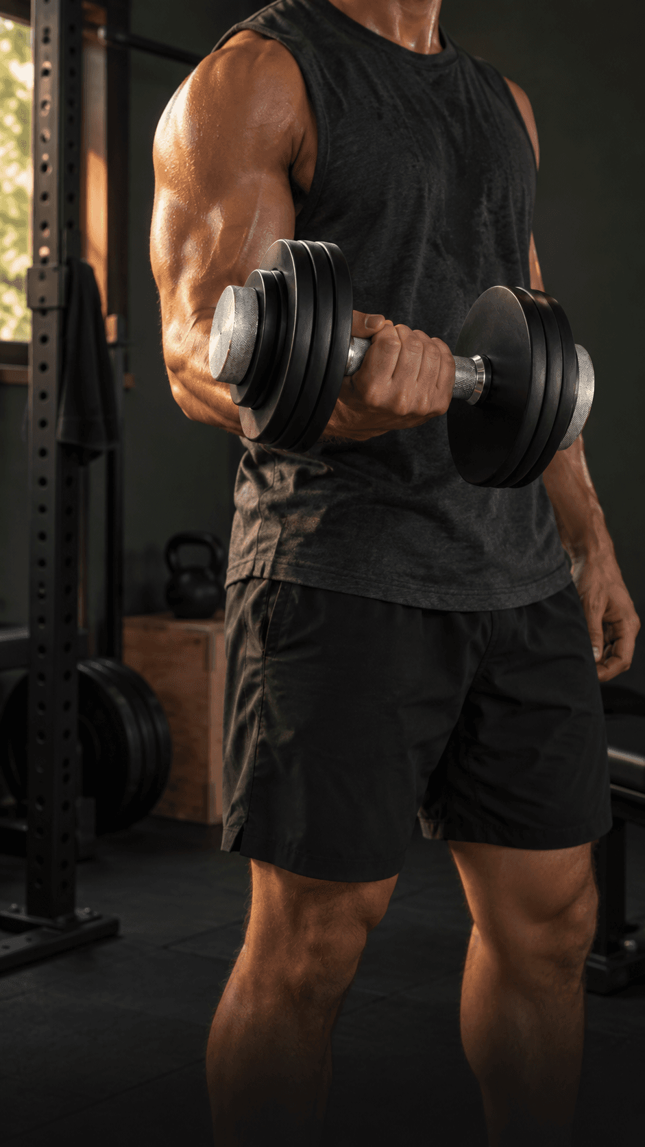 Persona entrenando brazos con una mancuerna ajustable EPIC.