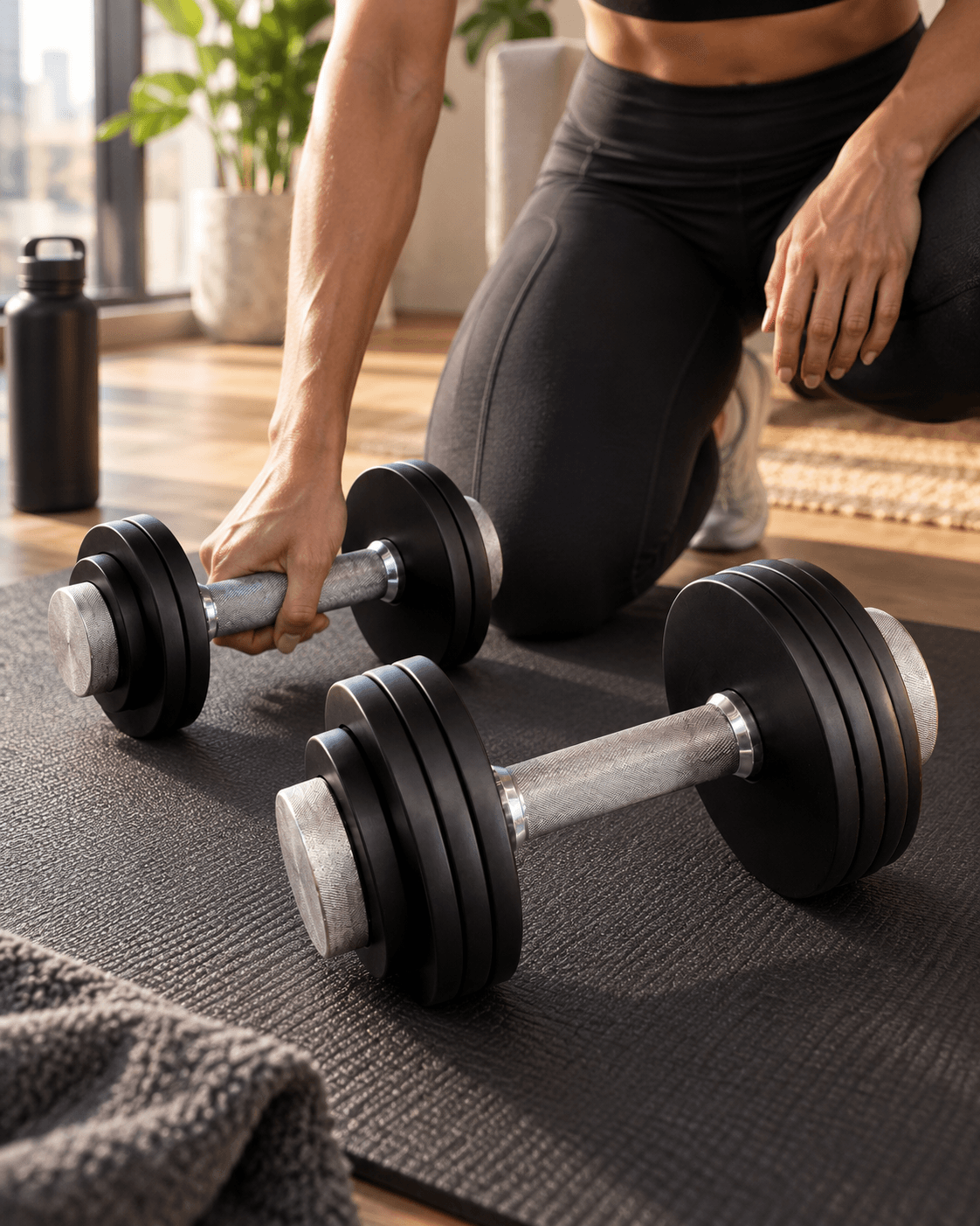 Dos mancuernas ajustables EPIC con cargas distintas durante un entrenamiento en casa.